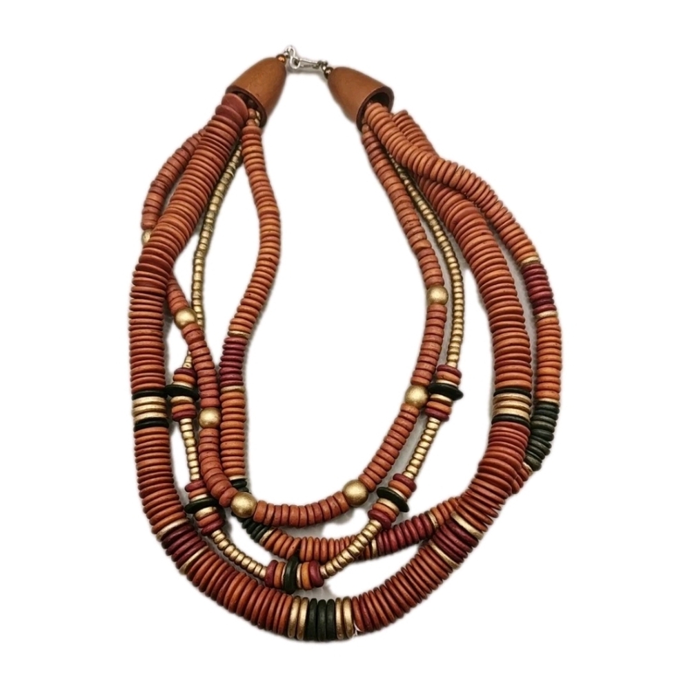 Vtg 50s Earthy Tones Wood Beaded Twist 4 Strang Necklace Shepherd Hook 22" Boho
